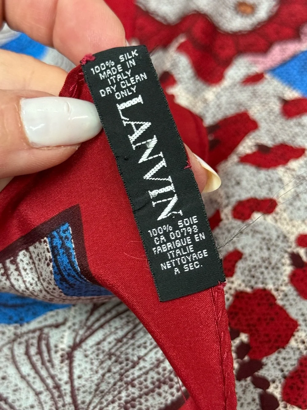 Lanvin Paris 100% Silk Italy Abstract Paisley Print Square Scarf Red Blue 30x29